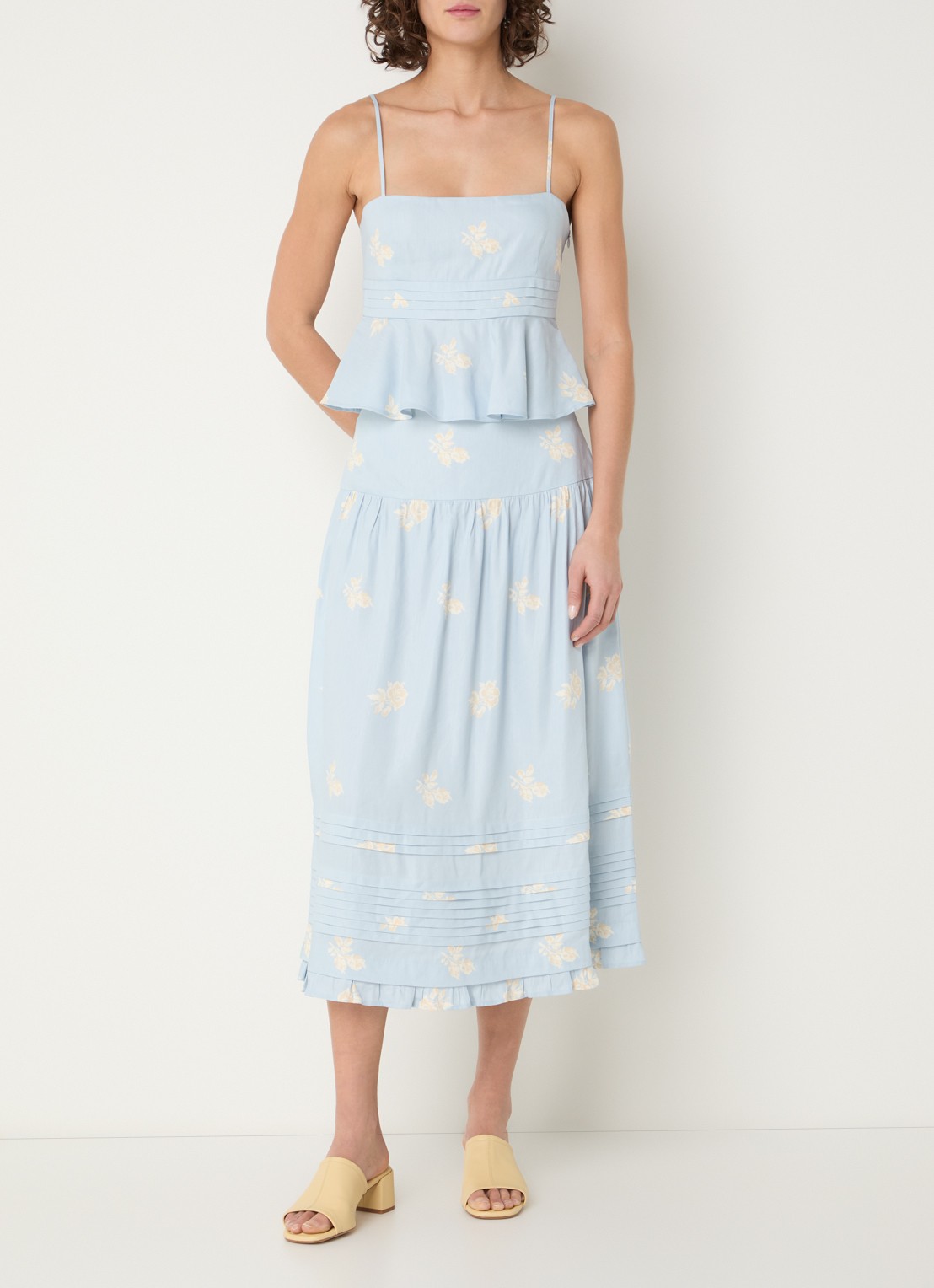 Claudie Pierlot Top in linnenblend en bloemenprint - voorkant 2 lichtblauw
