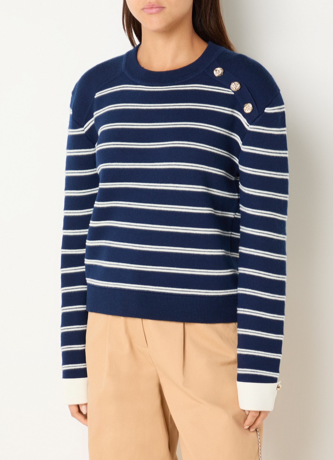 Claudie Pierlot Trui in wolblend met ingebreide streepprint  - detail 2 donkerblauw