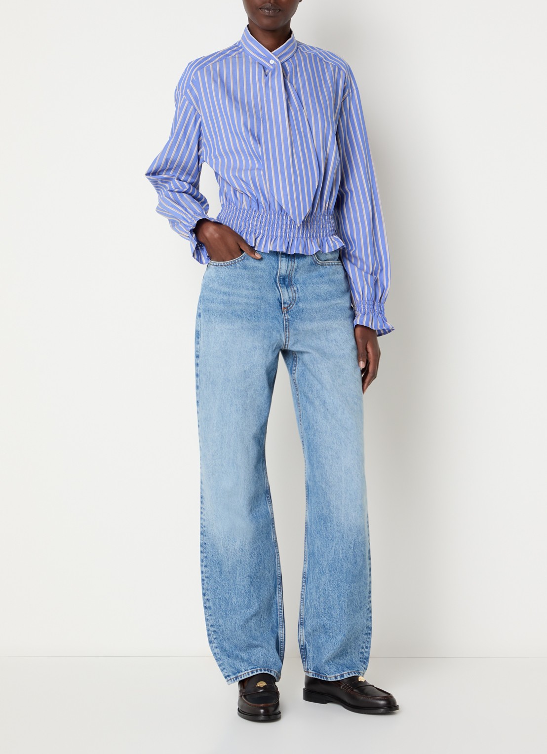 Claudie Pierlot Tuniek met smockwerk en streepprint - voorkant 3 blauw