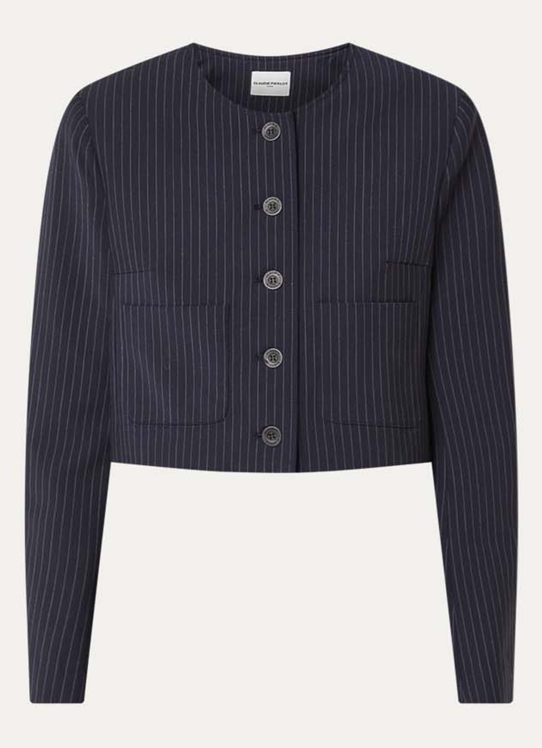 Claudie Pierlot Vanille cropped blazer met krijtstreep - voorkant 3 donkerblauw