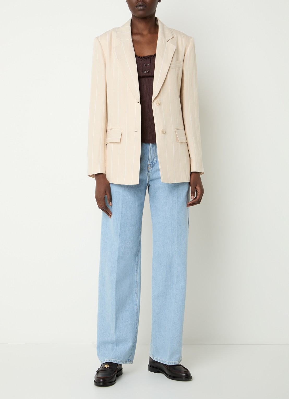 Claudie Pierlot Vayanarayee blazer in linnenblend met streepprint - voorkant 3 beige