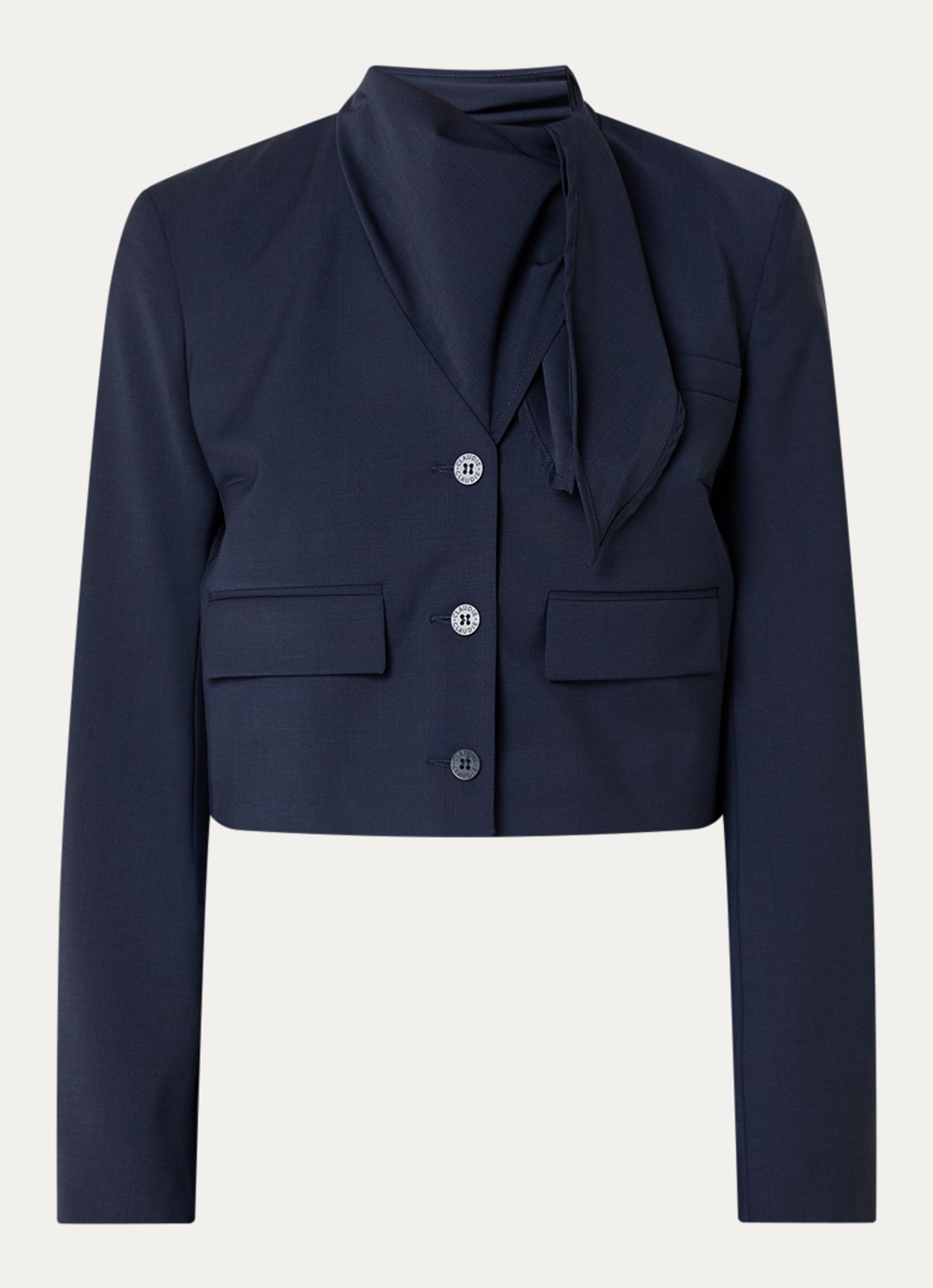 Claudie Pierlot Velma cropped blazer in wolblend met sjaalkraag en klepzakken - voorkant donkerblauw