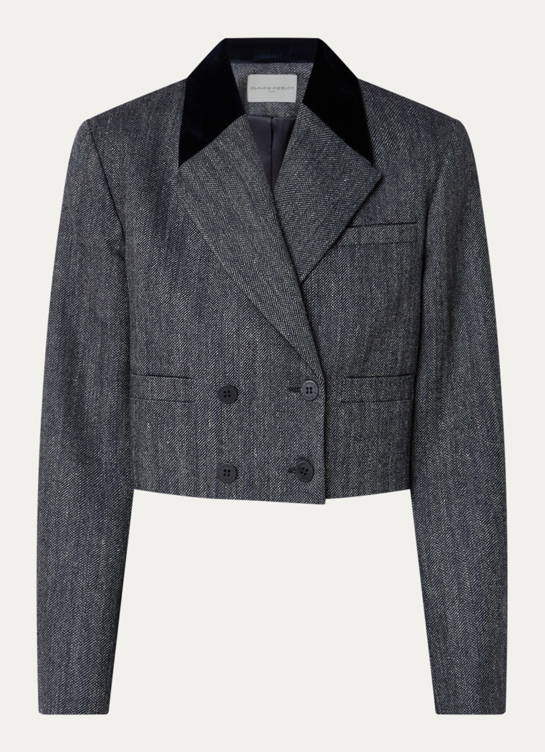 Claudie Pierlot Victor cropped blazer in wolblend met opgestikte zakken - voorkant donkerblauw