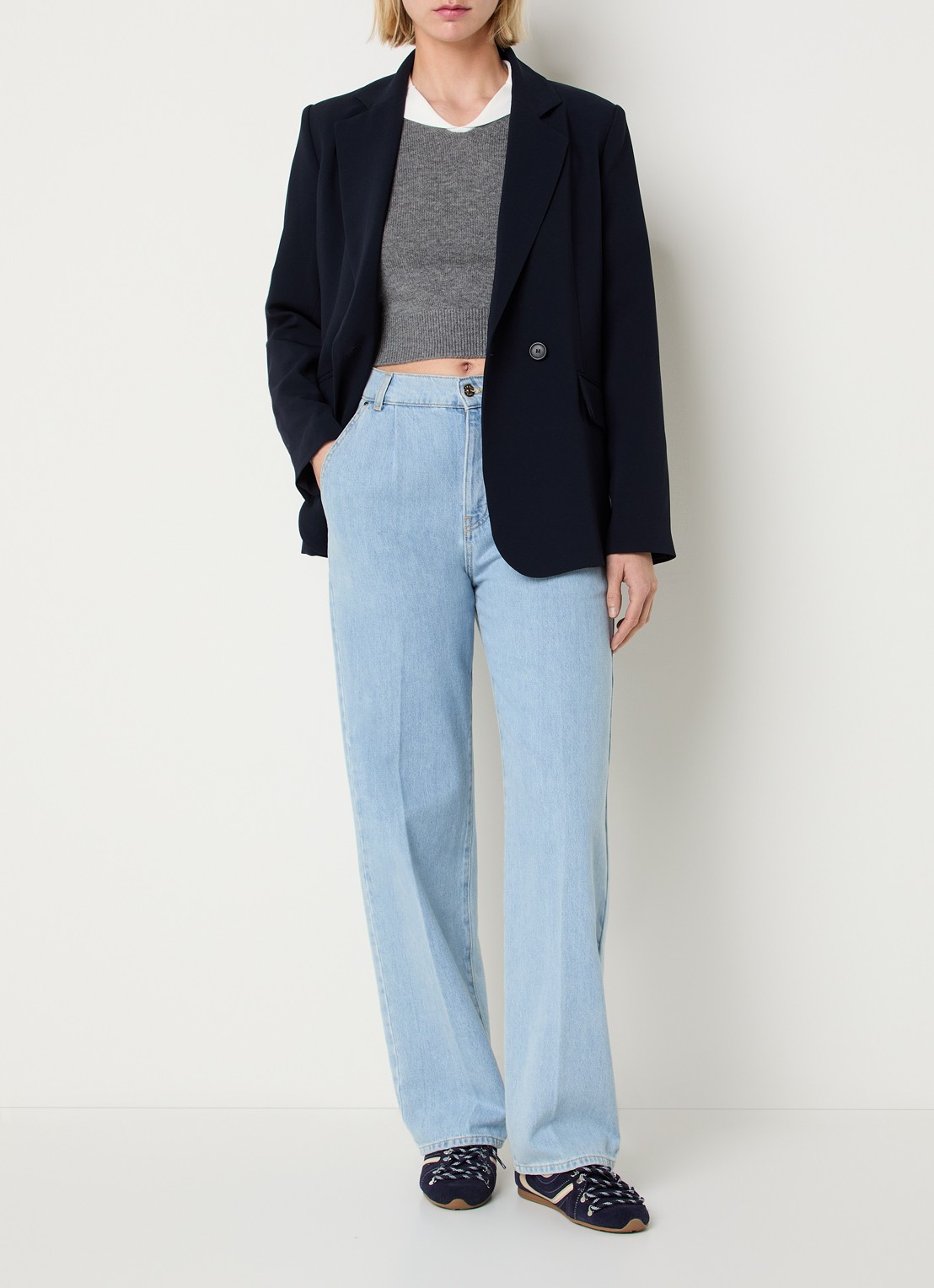 Claudie Pierlot Villaga blazer met schoudervulling en klepzakken - voorkant 3 donkerblauw