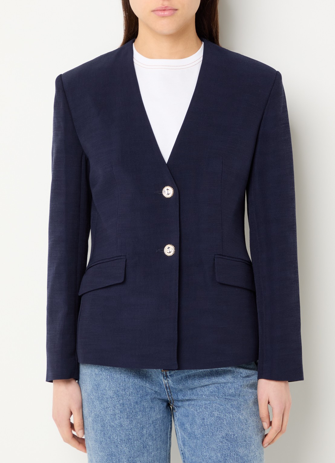 Claudie Pierlot Virgo blazer met schoudervulling en klepzakken - detail 4 donkerblauw