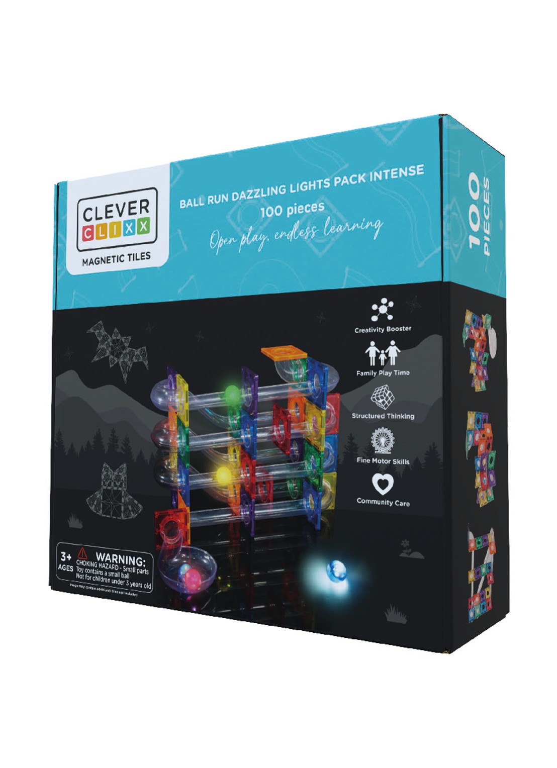 Cleverclixx Ball Run Dazzling Lights Pack Intense knikkerbaan 100 Stuks - voorkant multicolor