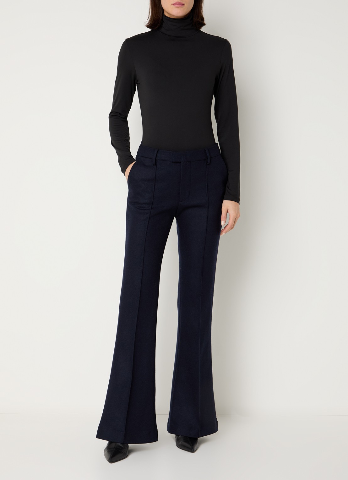 CLOSED Denair mid waist flared fit pantalon van wol met persplooi - voorkant 4 donkerblauw