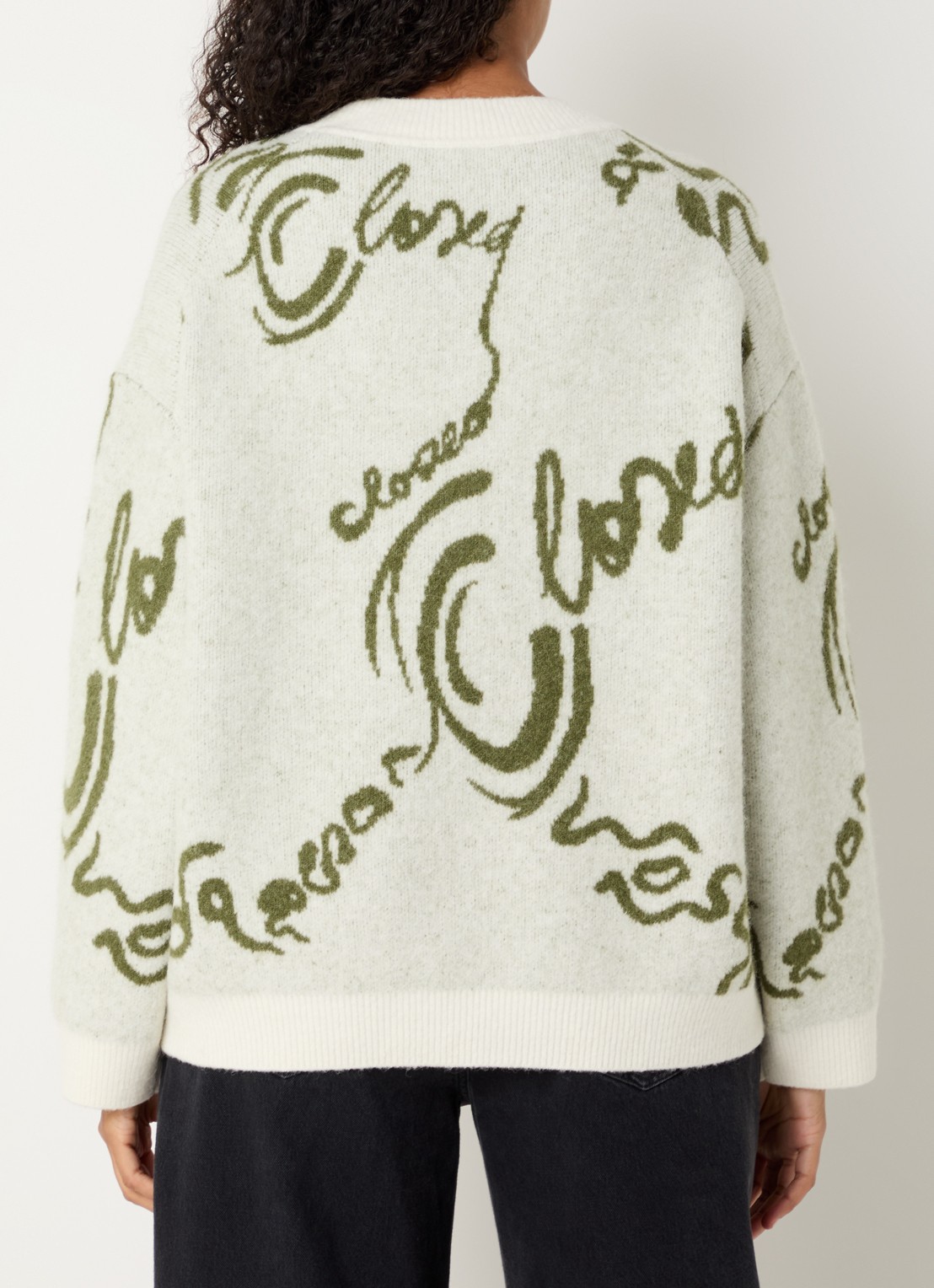 CLOSED Fijngebreide trui in alpaca wolblend met ingebreide logoprint - achterkant 4 olijfgroen