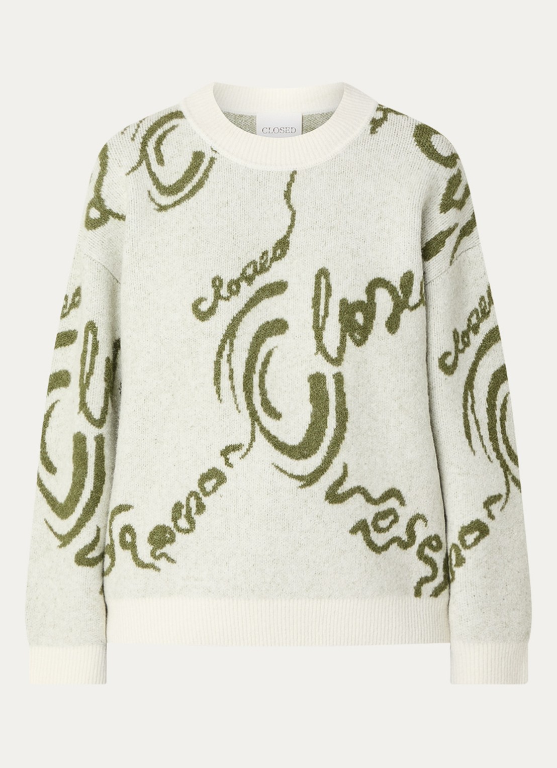 CLOSED Fijngebreide trui in alpaca wolblend met ingebreide logoprint - voorkant olijfgroen