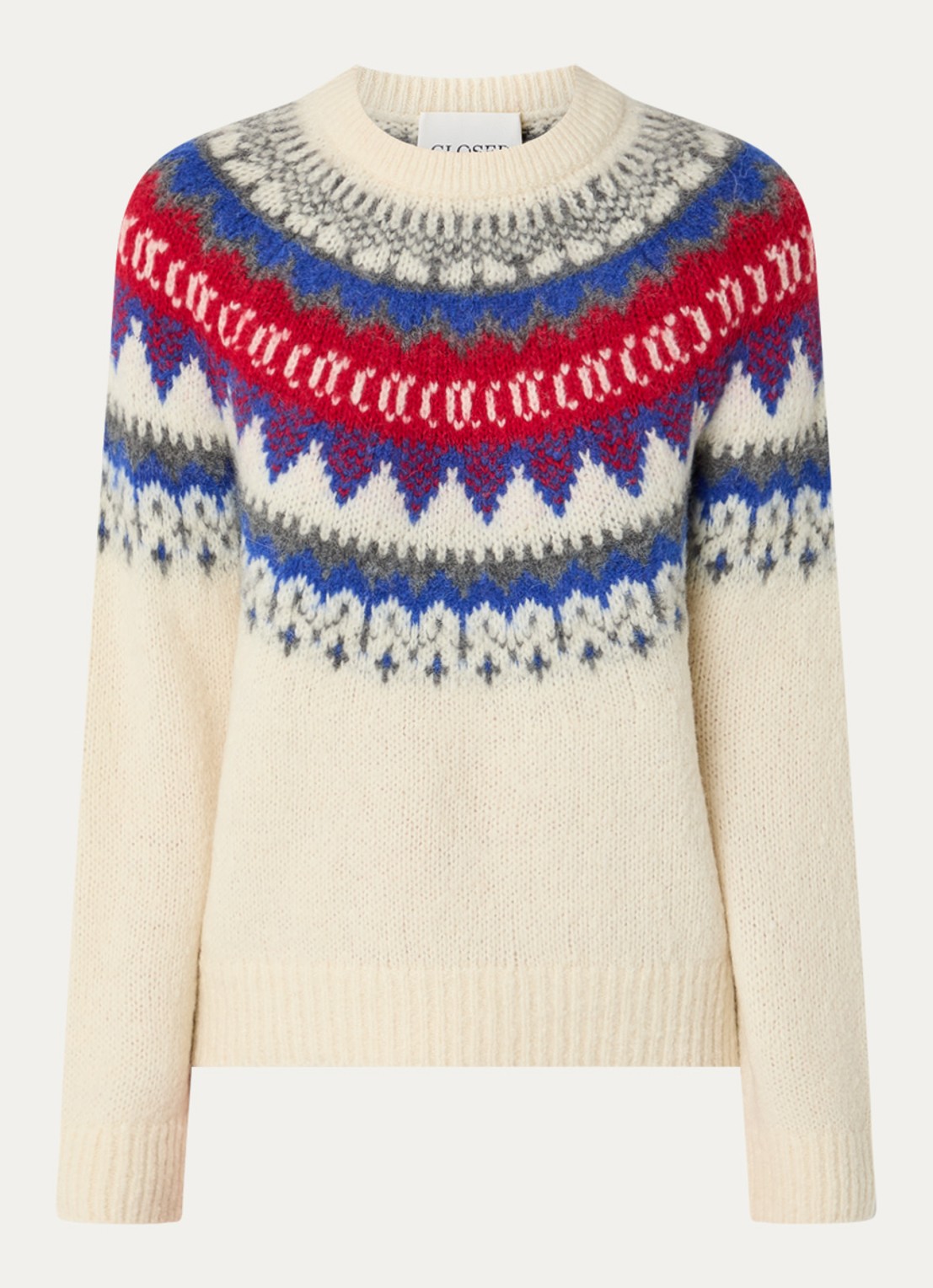 CLOSED Grofgebreide trui in alpaca wolblend met print - voorkant creme