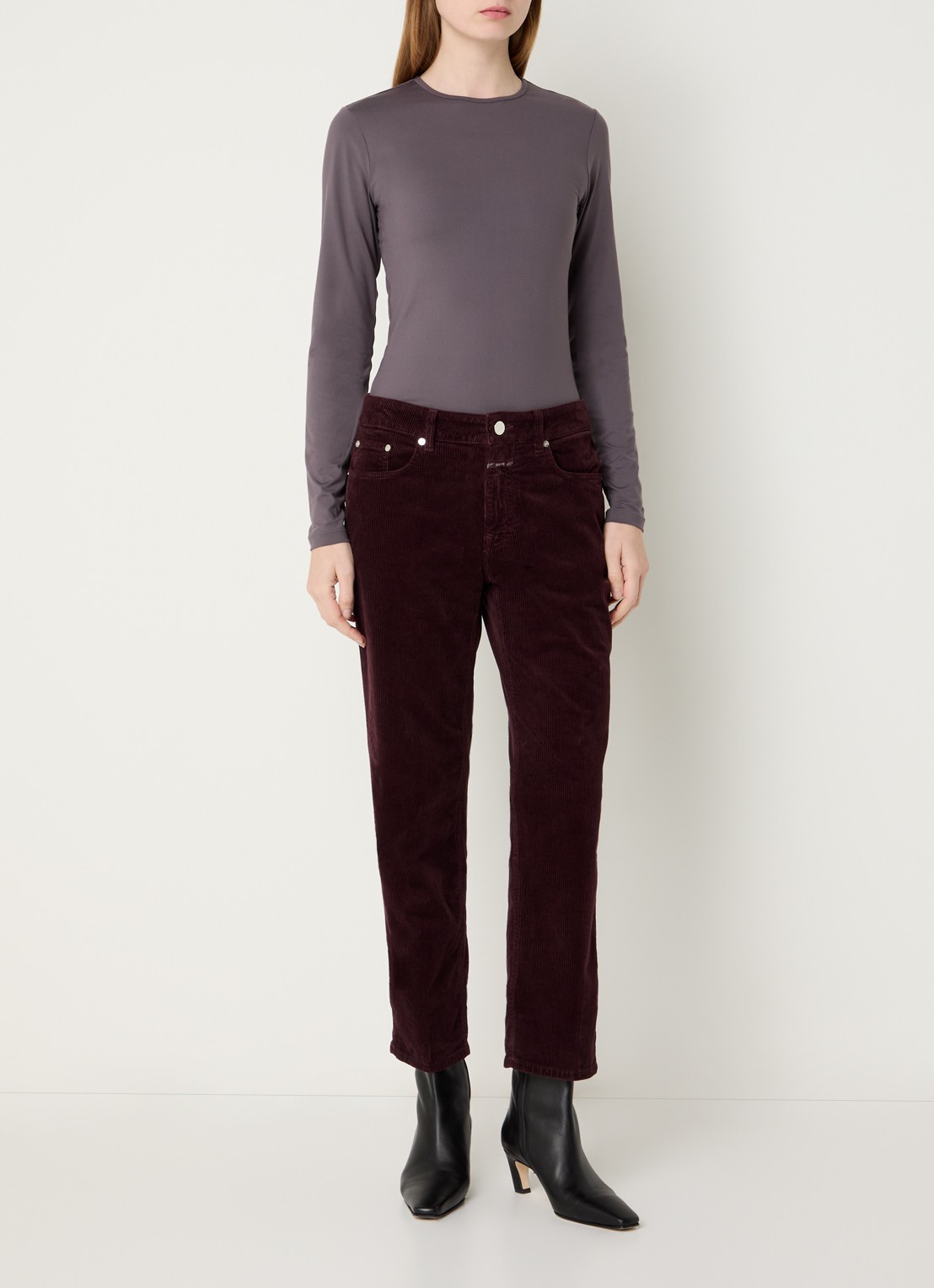 CLOSED Milo mid waist cropped straight fit broek van corduroy - voorkant 4 bordeauxrood