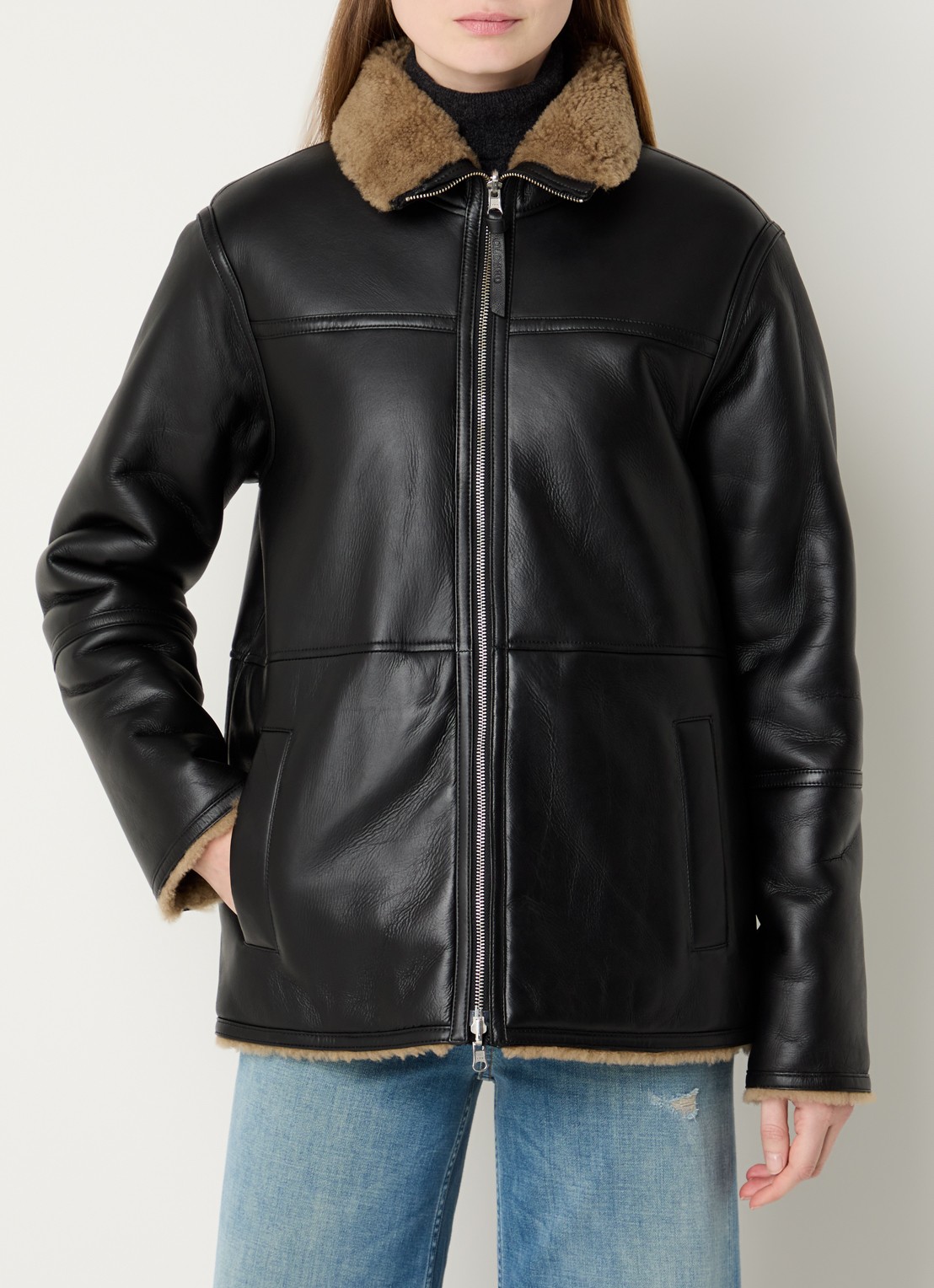 CLOSED Reversible lammycoat van lamsleer met steekzakken - detail 5 zwart