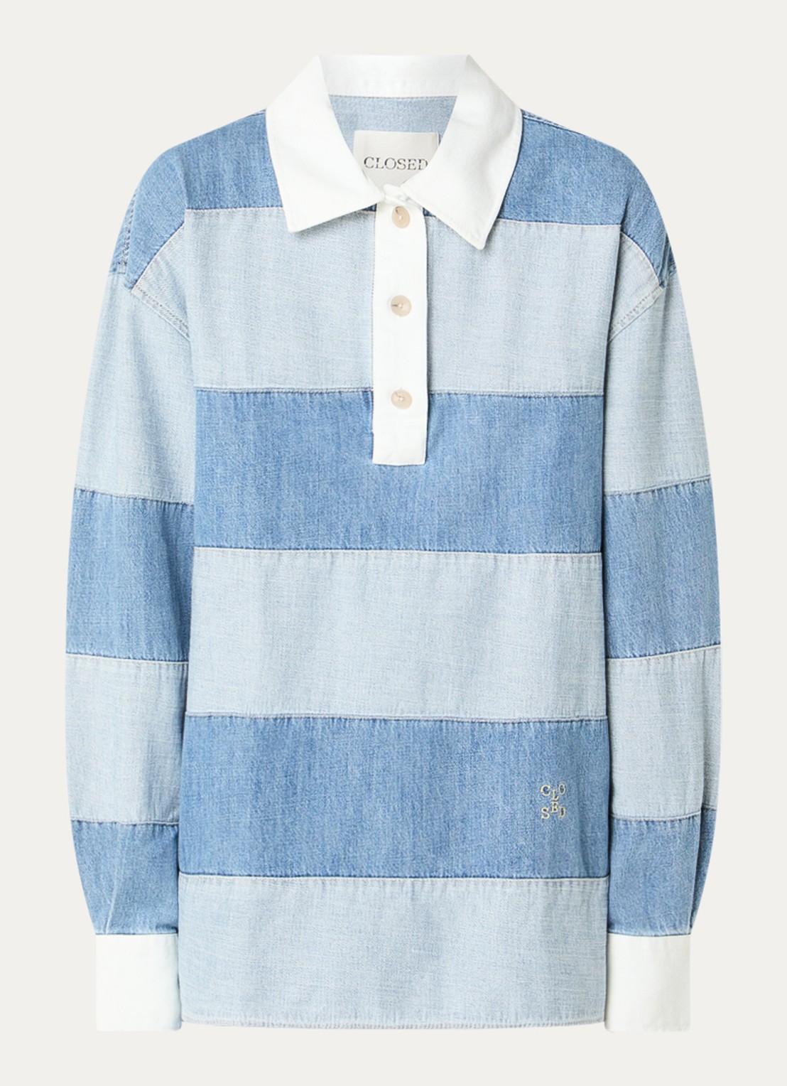 CLOSED Top van denim met polokraag en streepprint - voorkant 2 lichtblauw