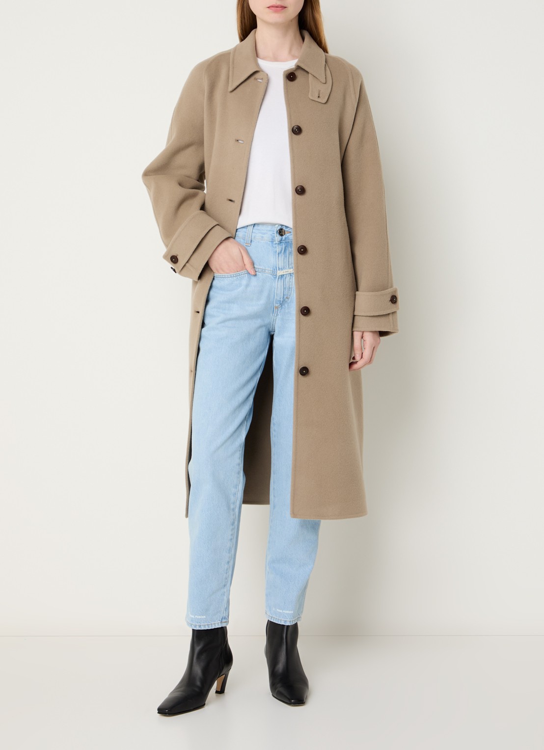 CLOSED Trenchcoat in kasjmierblend met strikceintuur - voorkant 4 donkerbeige