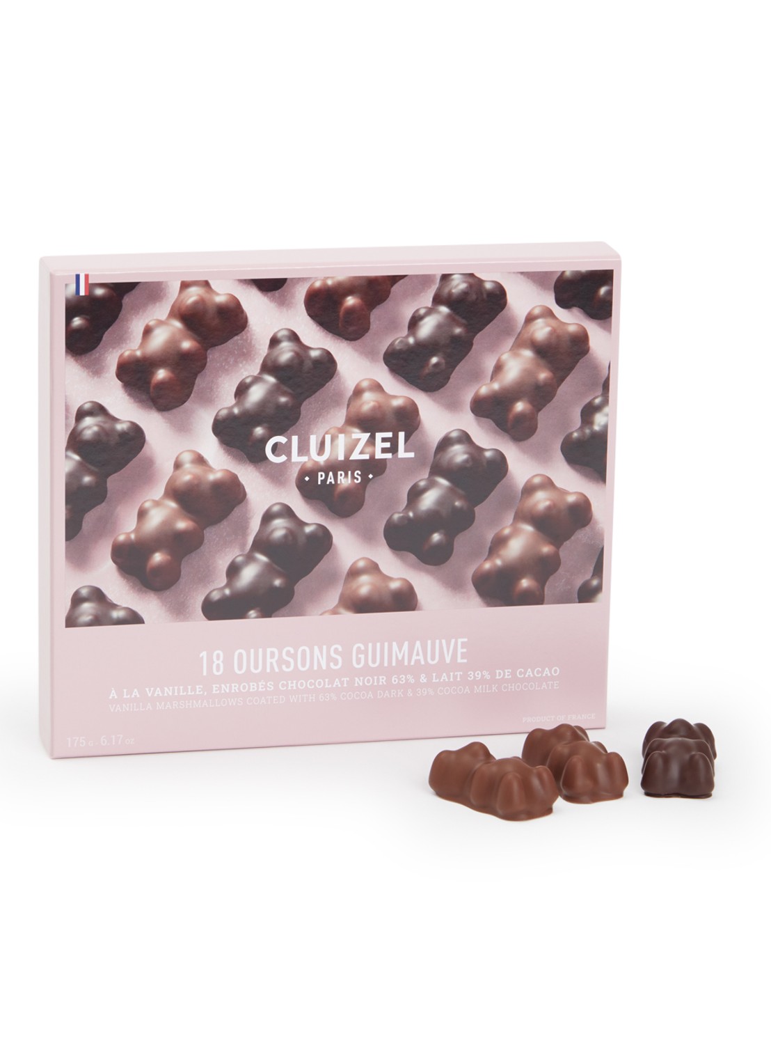 Cluizel Paris Black & Milk Marshmallow Teddy Bear chocolade bonbons in geschenkverpakking 18 stuks - voorkant undefined