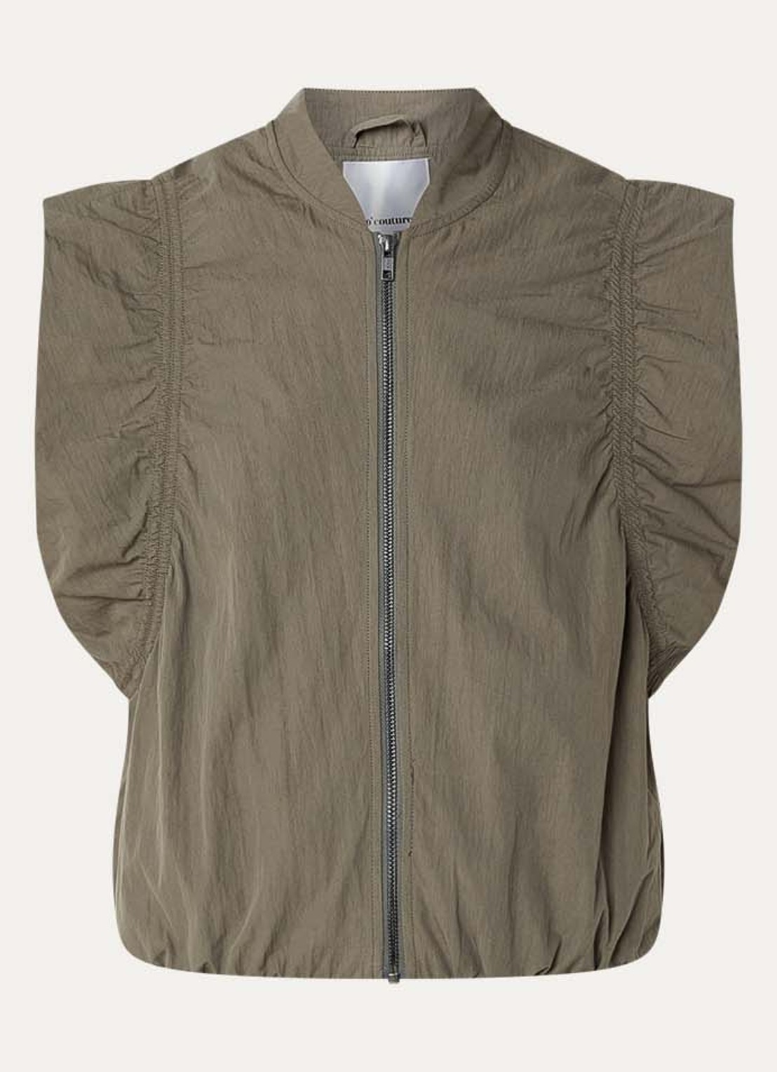 Co'Couture Acasia gilet met ruches en opstaande kraag - voorkant olijfgroen