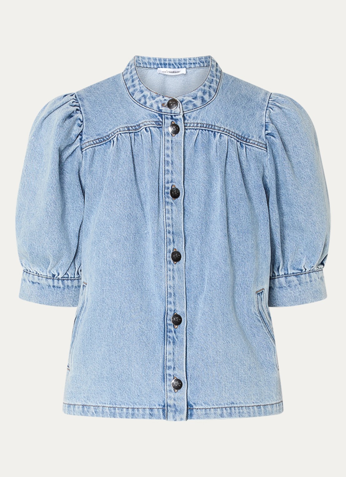 Co'Couture AsjaCC blouse van denim met pofmouw - voorkant 3 lichtblauw