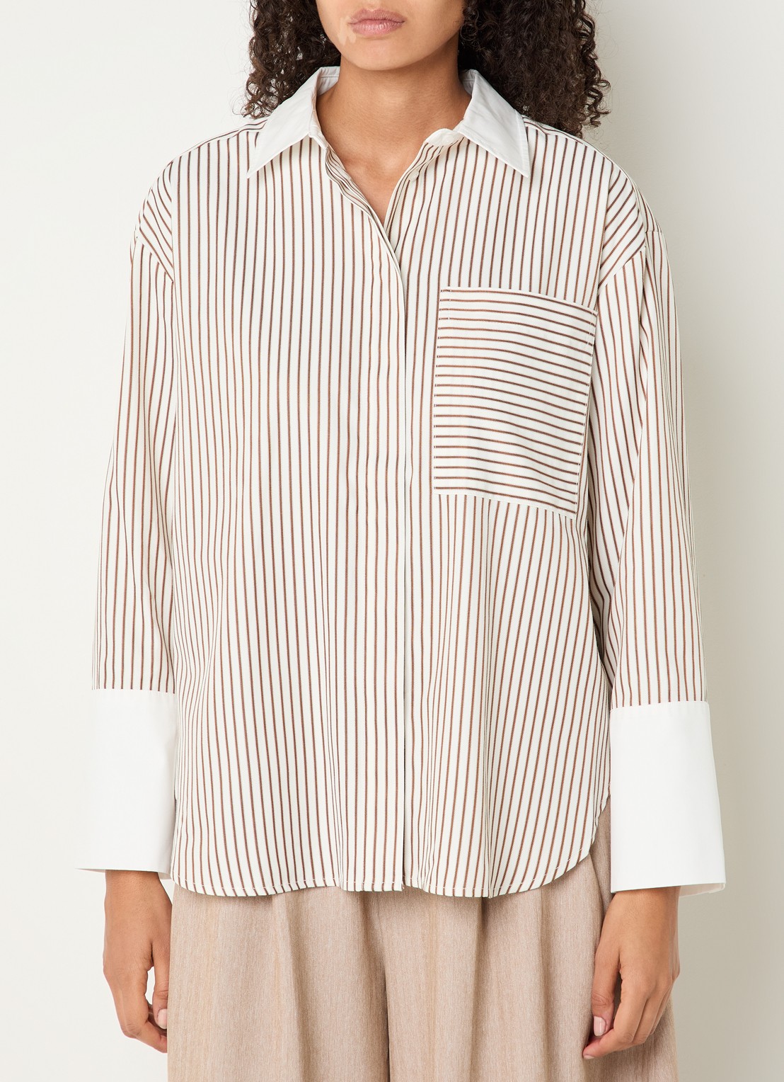 Co'Couture Avara blouse met streepprint - detail hazelnootbruin