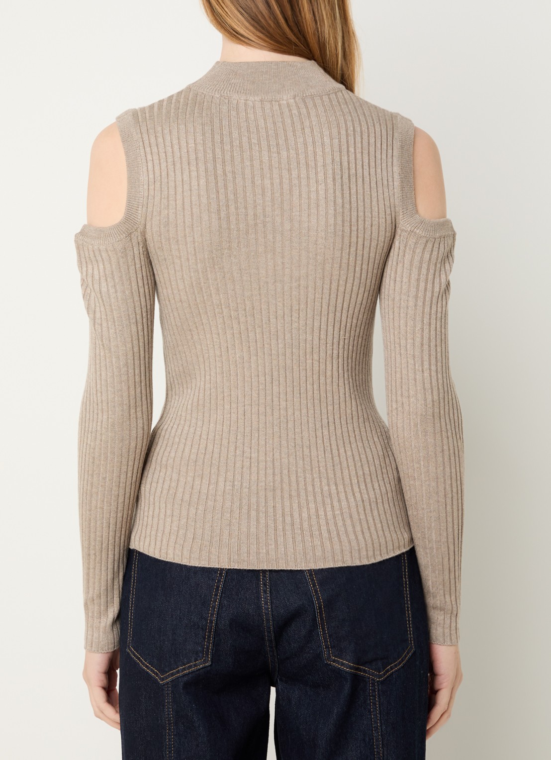 Co'Couture Balin ribgebreide top in wolblend met cut out-detail  - achterkant 4 khaki