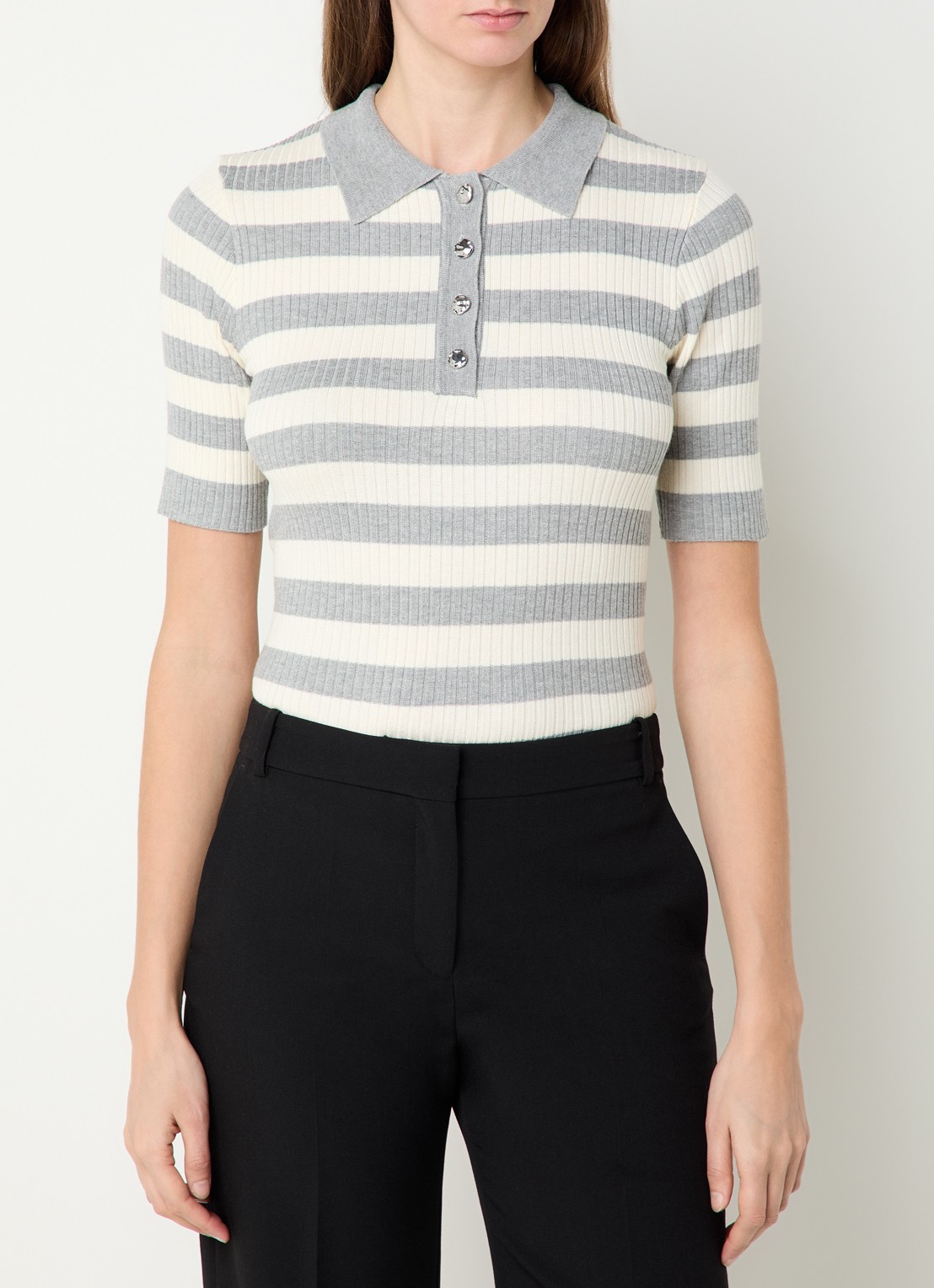 Co'Couture Bonny ribgebreide top met streepprint en polokraag - detail 4 lichtgrijs