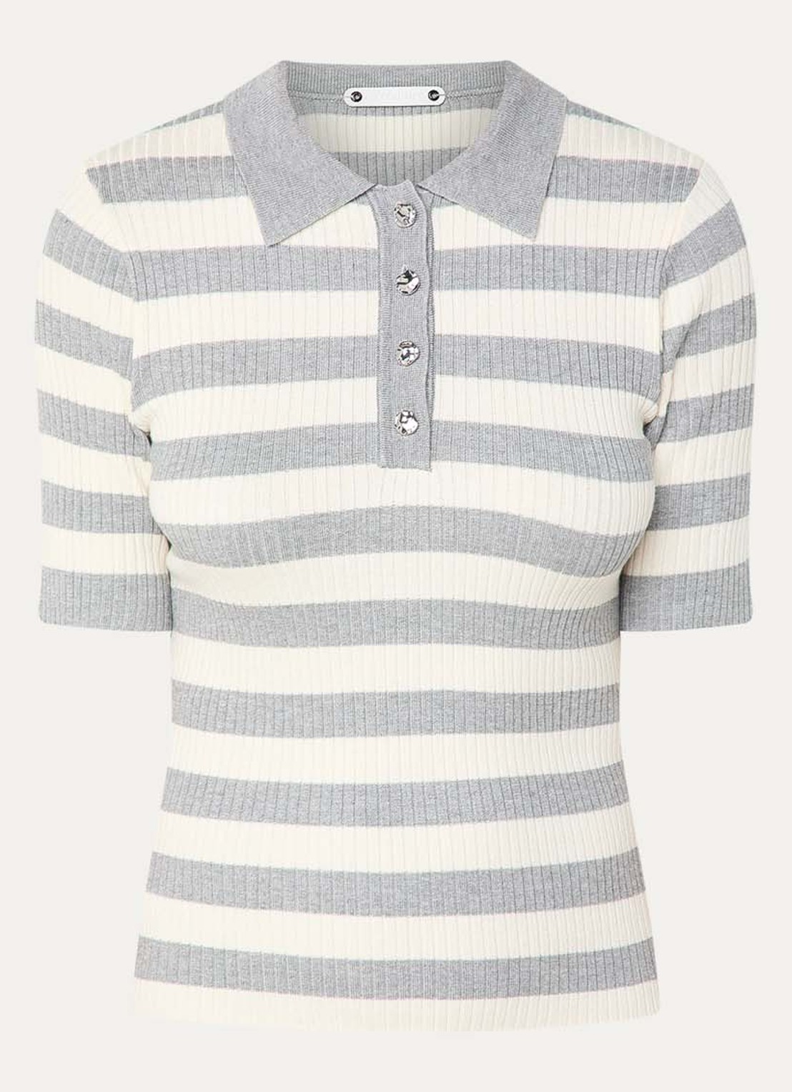 Co'Couture Bonny ribgebreide top met streepprint en polokraag - voorkant 2 lichtgrijs