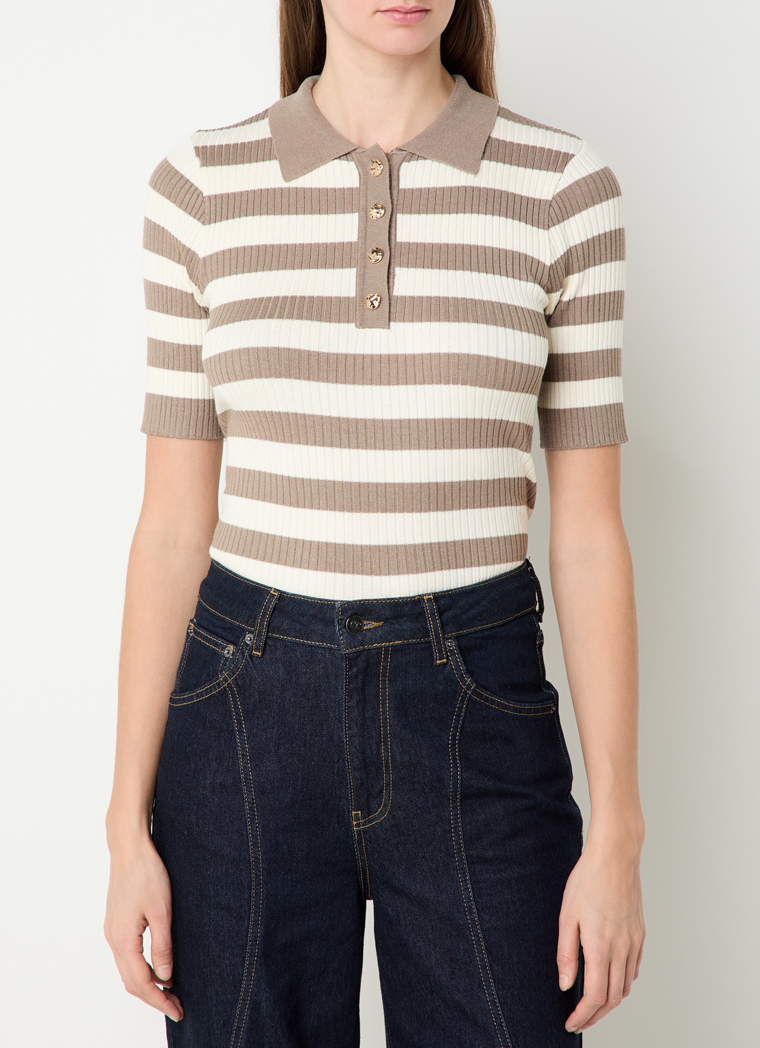 Co'Couture Bonny ribgebreide top met streepprint en polokraag - detail 4 lichtbruin