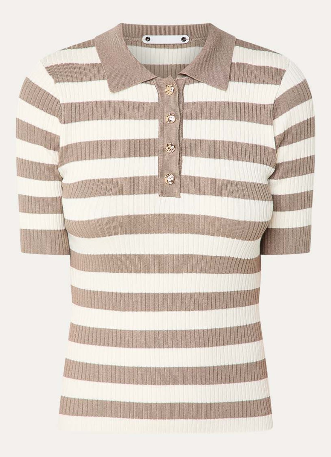 Co'Couture Bonny ribgebreide top met streepprint en polokraag - voorkant 2 lichtbruin