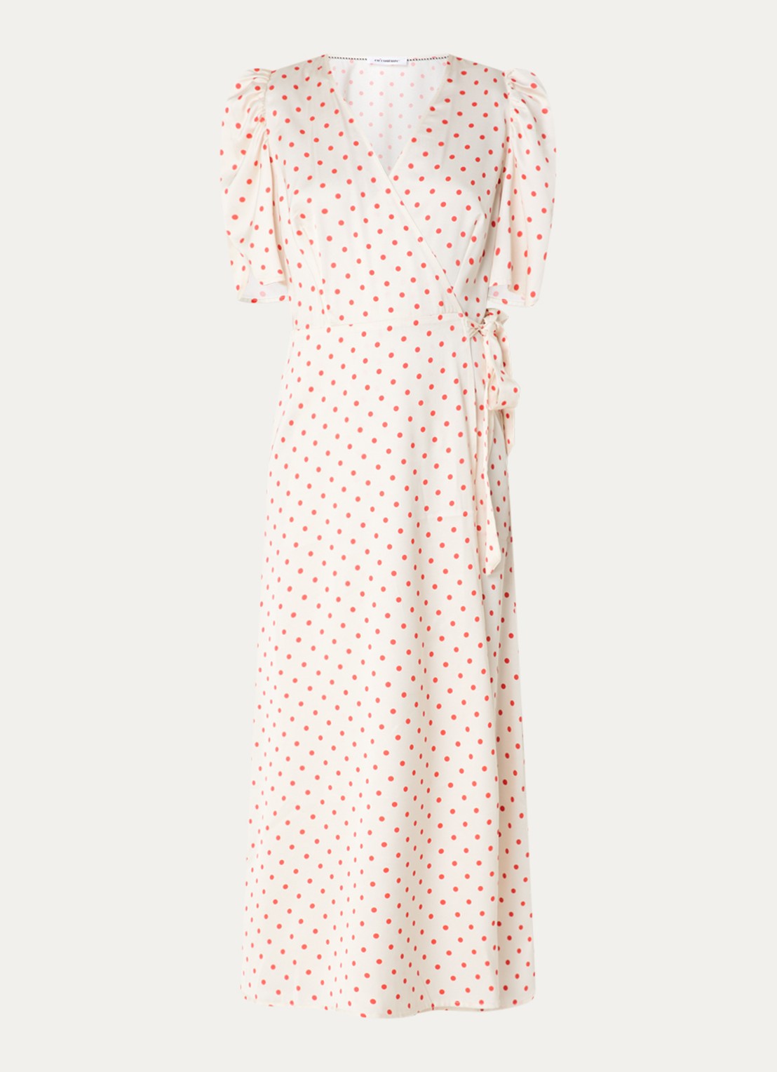 Co'Couture Cambria midi jurk van satijn met stippenprint en strikceintuur - voorkant gebroken wit