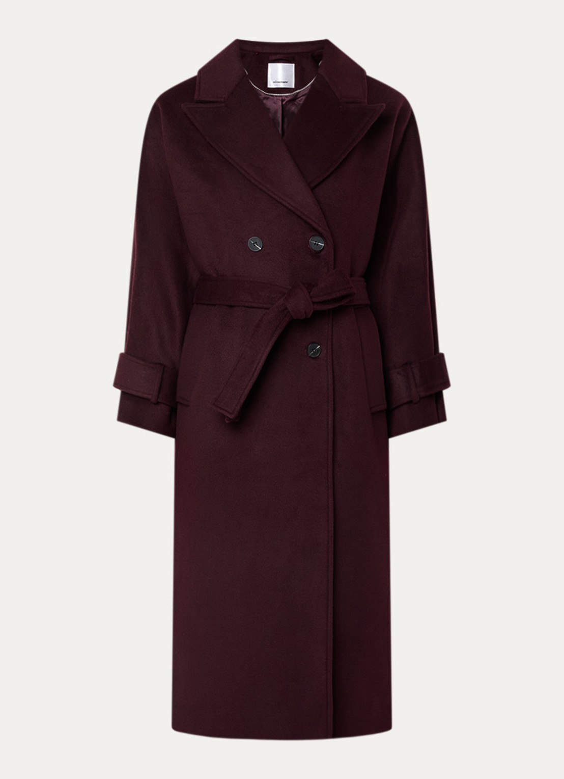 Co'Couture Clara mantel in wolblend met strikceintuur - voorkant 3 aubergine