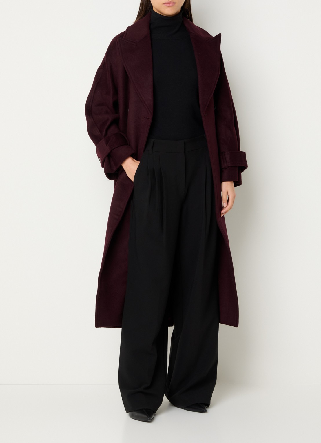 Co'Couture Clara mantel in wolblend met strikceintuur - voorkant 4 aubergine