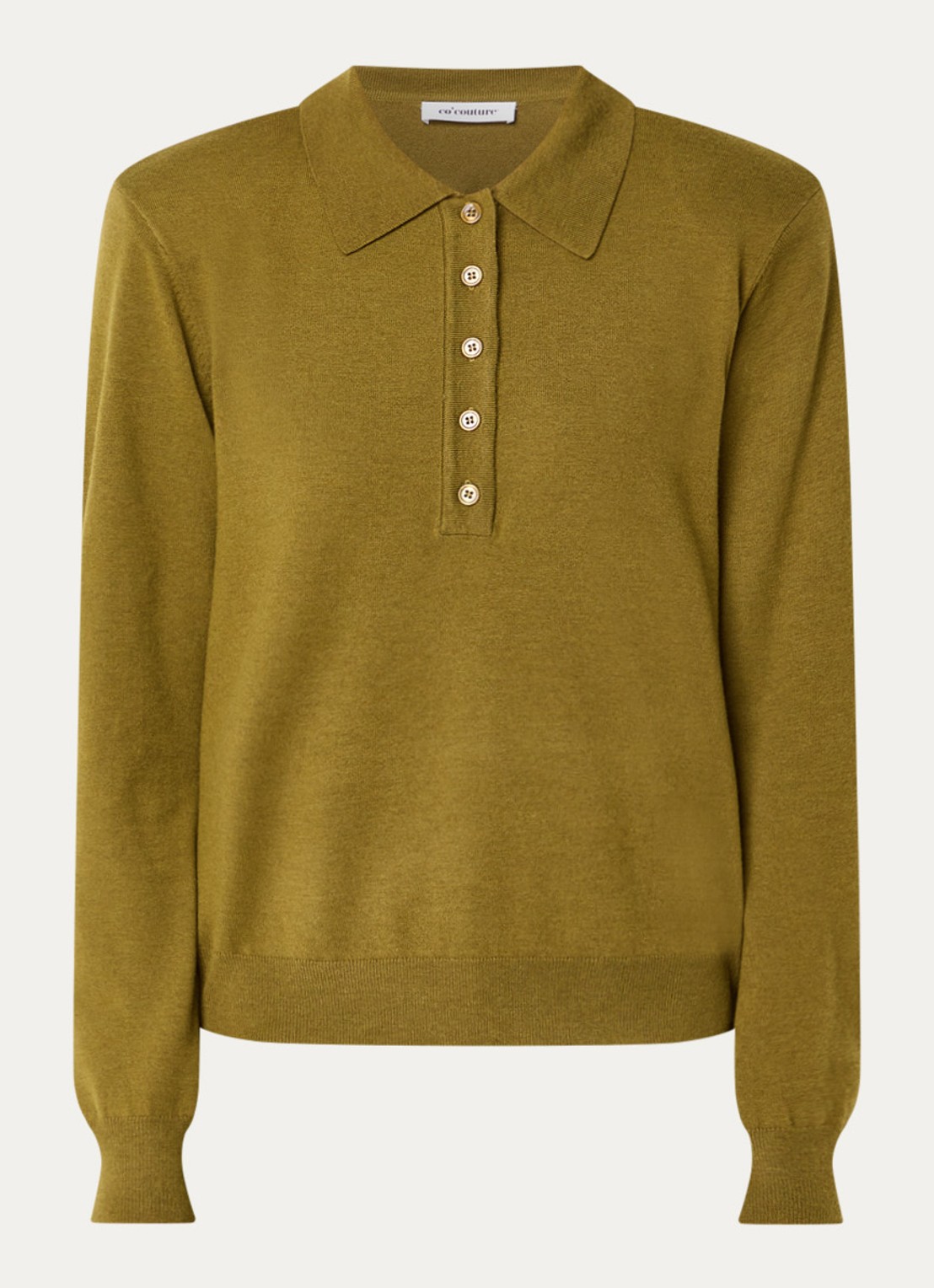 Co'Couture Corry fijngebreide polo in wolblend - voorkant 3 mosgroen