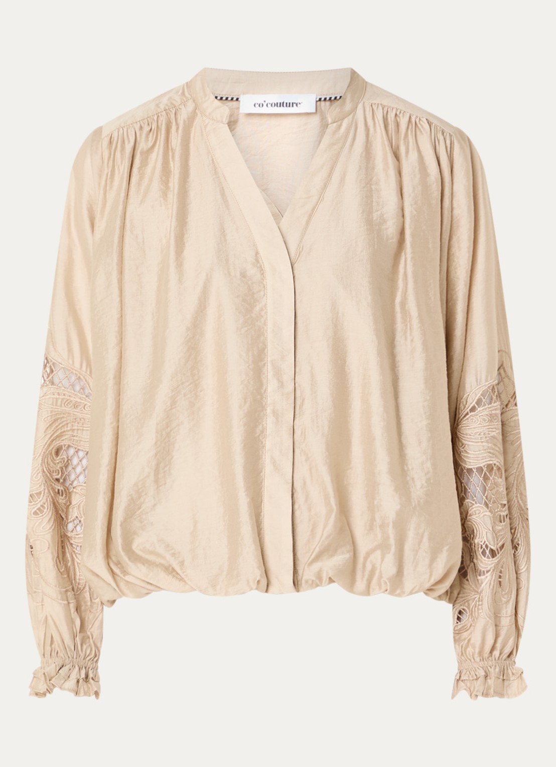 Co'Couture Delin blouse met broderie en ballonmouw - voorkant 3 beige