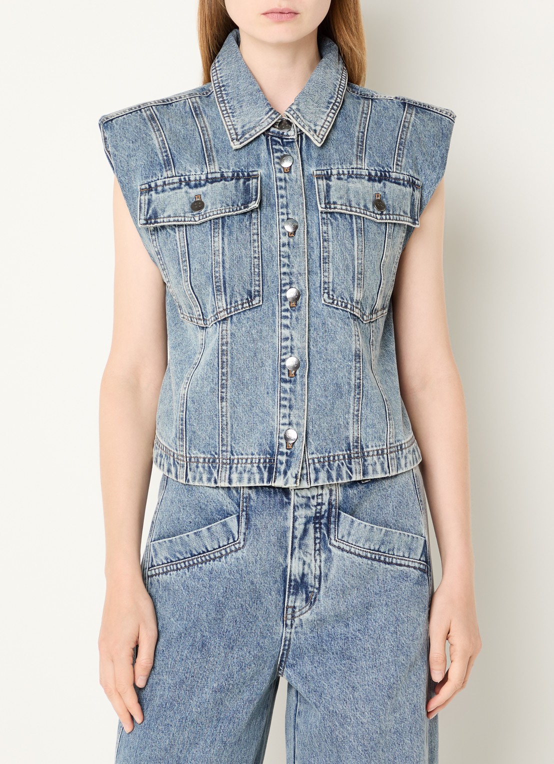 Co'Couture Denice gilet van denim met verwassen afwerking - detail 4 blauw