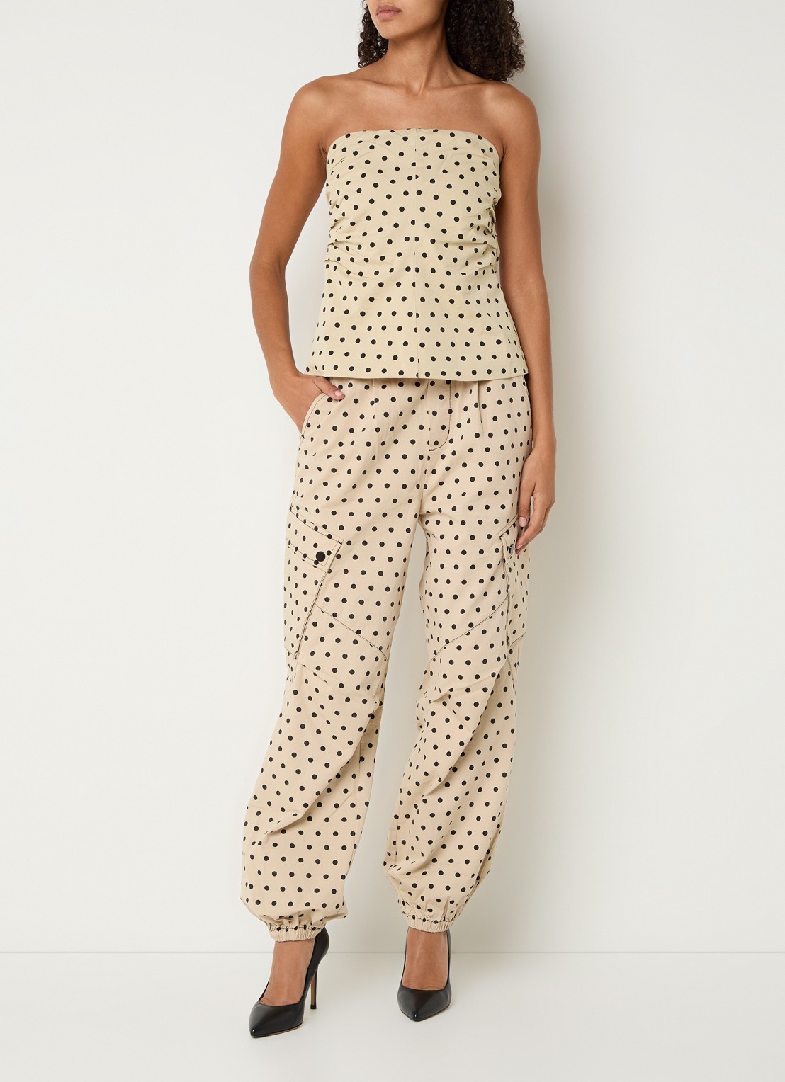 Co'Couture Diddi strapless top met stippenprint - voorkant 4 beige