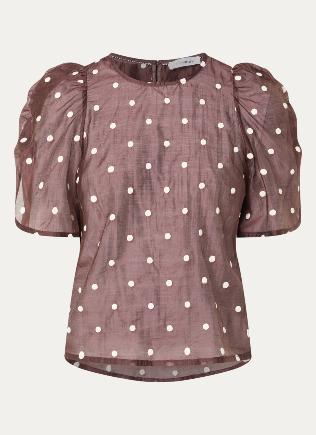 Co'Couture DitaCC semi-transparante tuniek met stippenprint en pofmouw - voorkant 2 bruin