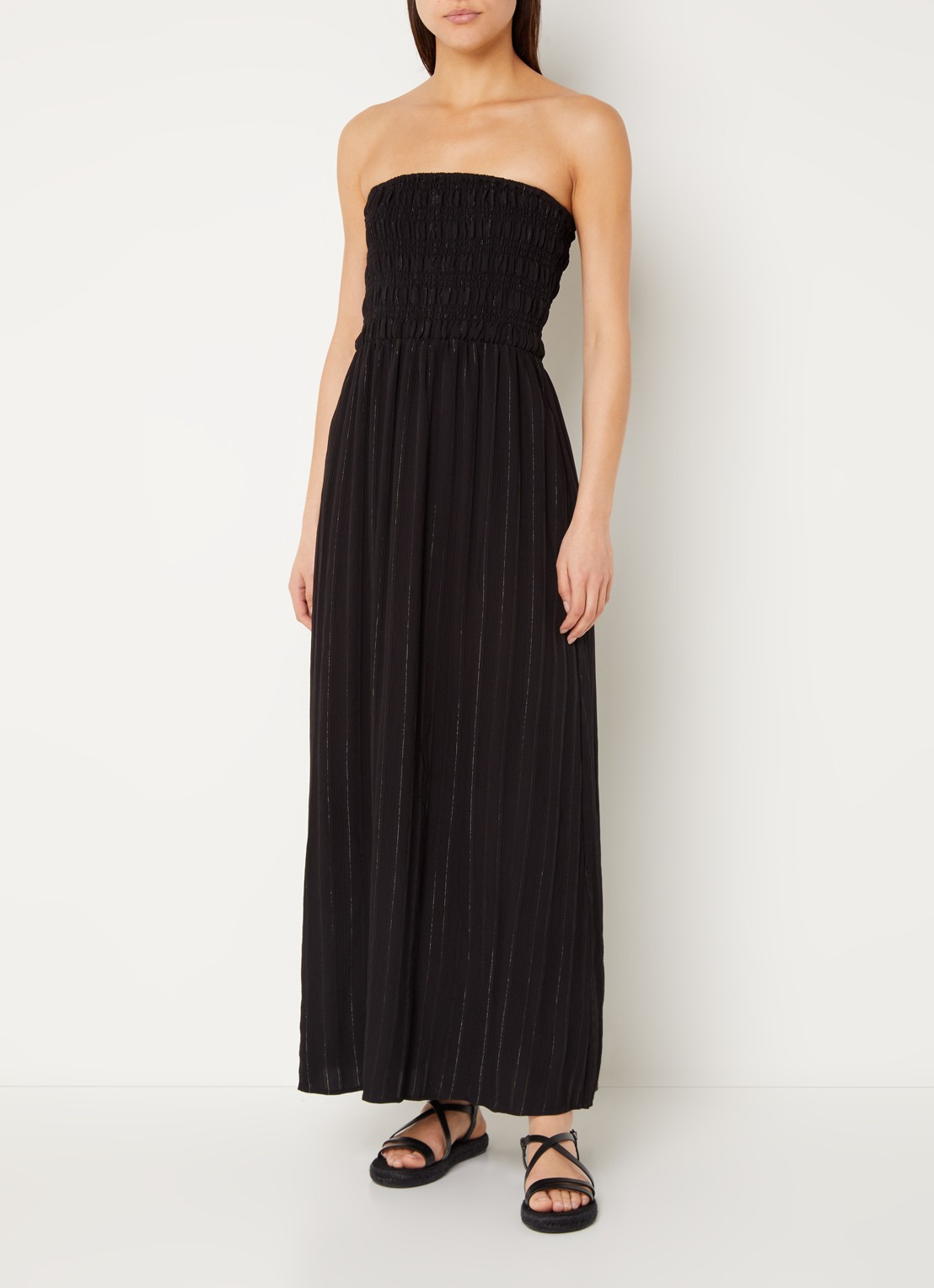 Co'Couture Gigicc strapless maxi jurk met lurex en smockwerk - detail 4 zwart