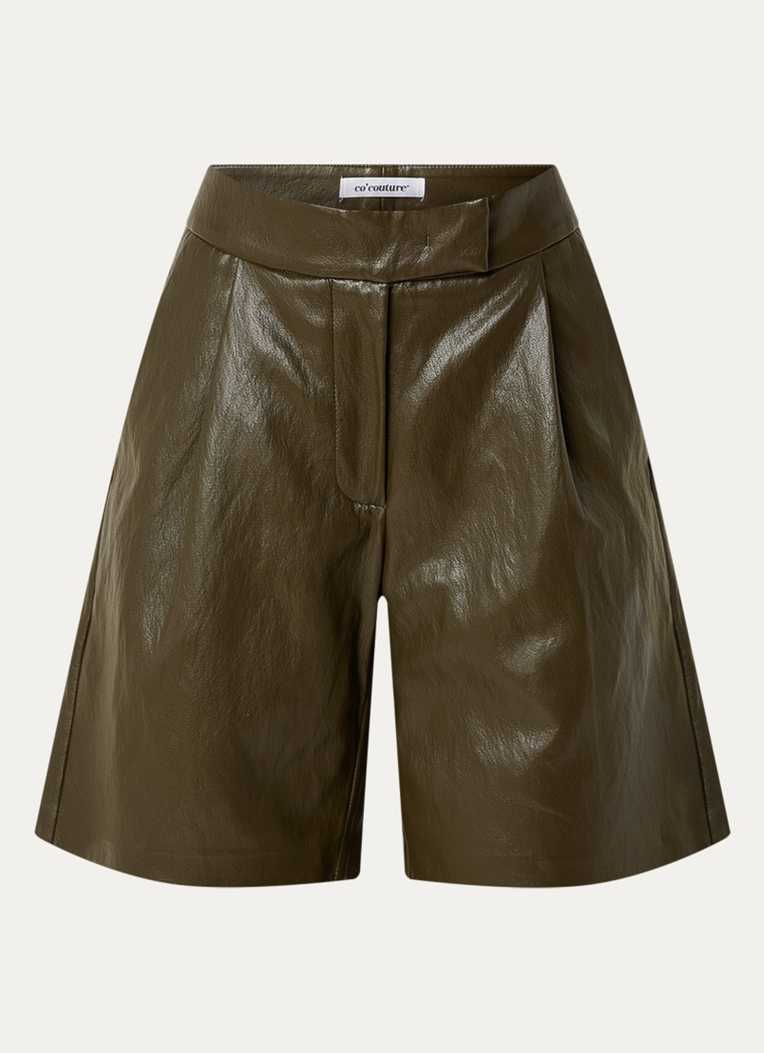 Co'Couture Gitt high waist wide fit korte broek van imitatieleer - voorkant 2 legergroen