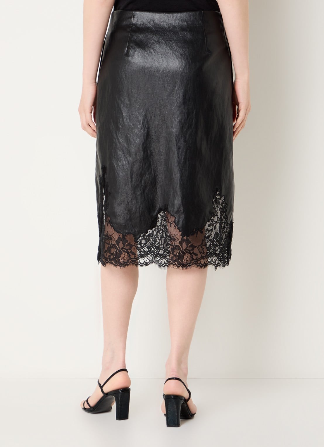 Co'Couture GittCC midi rok van imitatieleer met details van kant - achterkant zwart