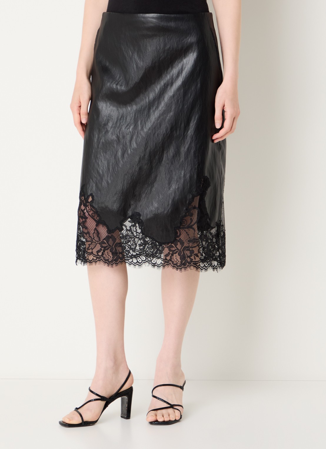 Co'Couture GittCC midi rok van imitatieleer met details van kant - detail 4 zwart