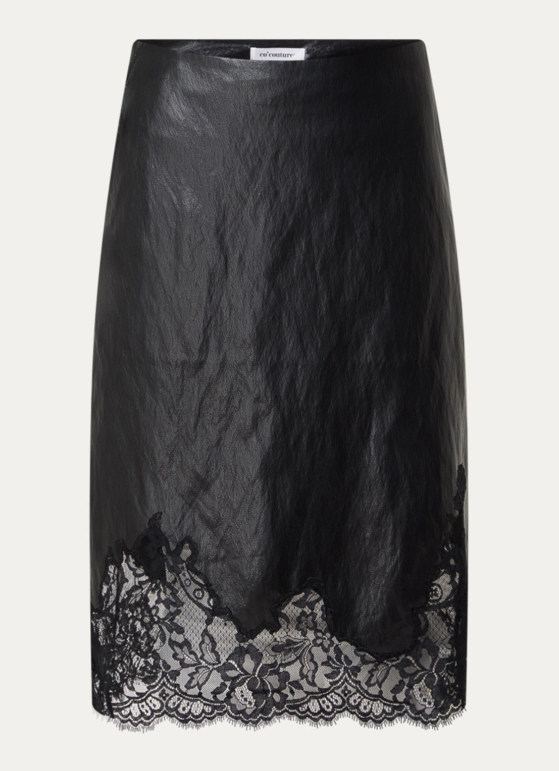Co'Couture GittCC midi rok van imitatieleer met details van kant - voorkant 2 zwart