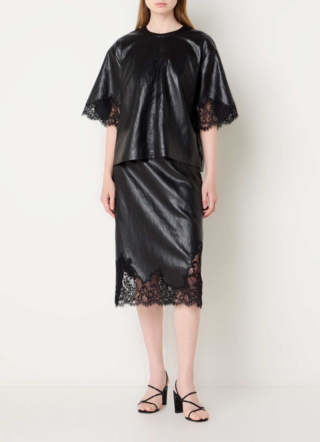 Co'Couture GittCC midi rok van imitatieleer met details van kant - voorkant 3 zwart