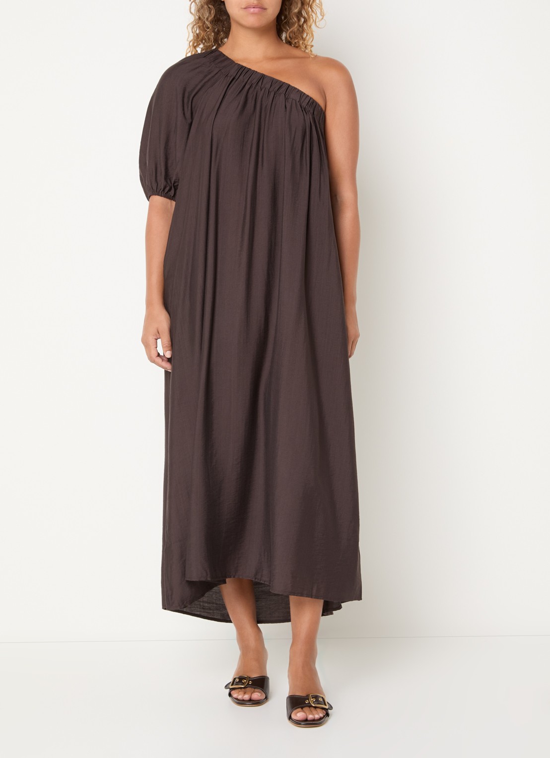 Co'Couture HeraCC one shoulder maxi jurk - detail 2 donkerbruin