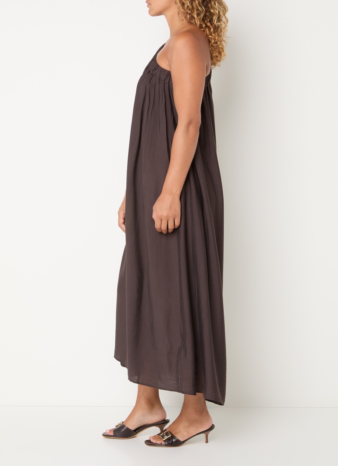 Co'Couture HeraCC one shoulder maxi jurk - voorkant 4 donkerbruin