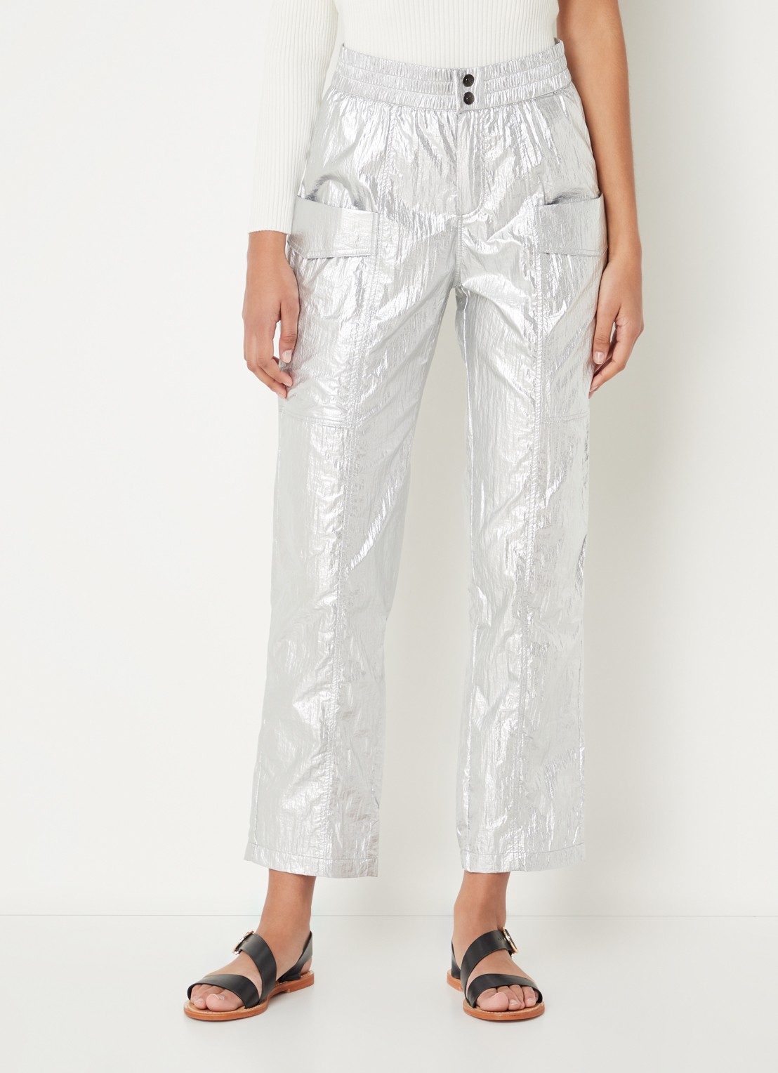Co'Couture High waist straight fit cargobroek met metallic finish - detail zilver
