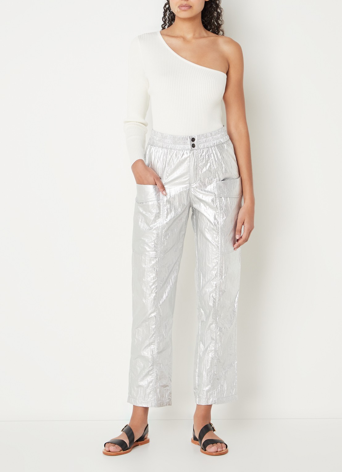 Co'Couture High waist straight fit cargobroek met metallic finish - voorkant 4 zilver