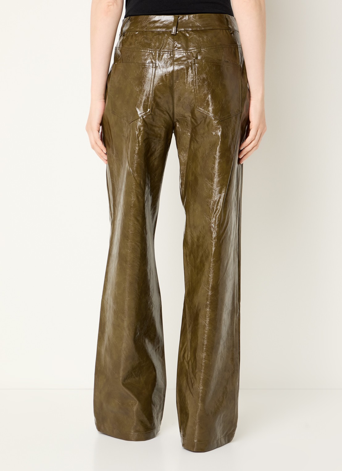 Co'Couture High waist wide fit broek van imitatieleer met steekzakken - achterkant 3 mosgroen