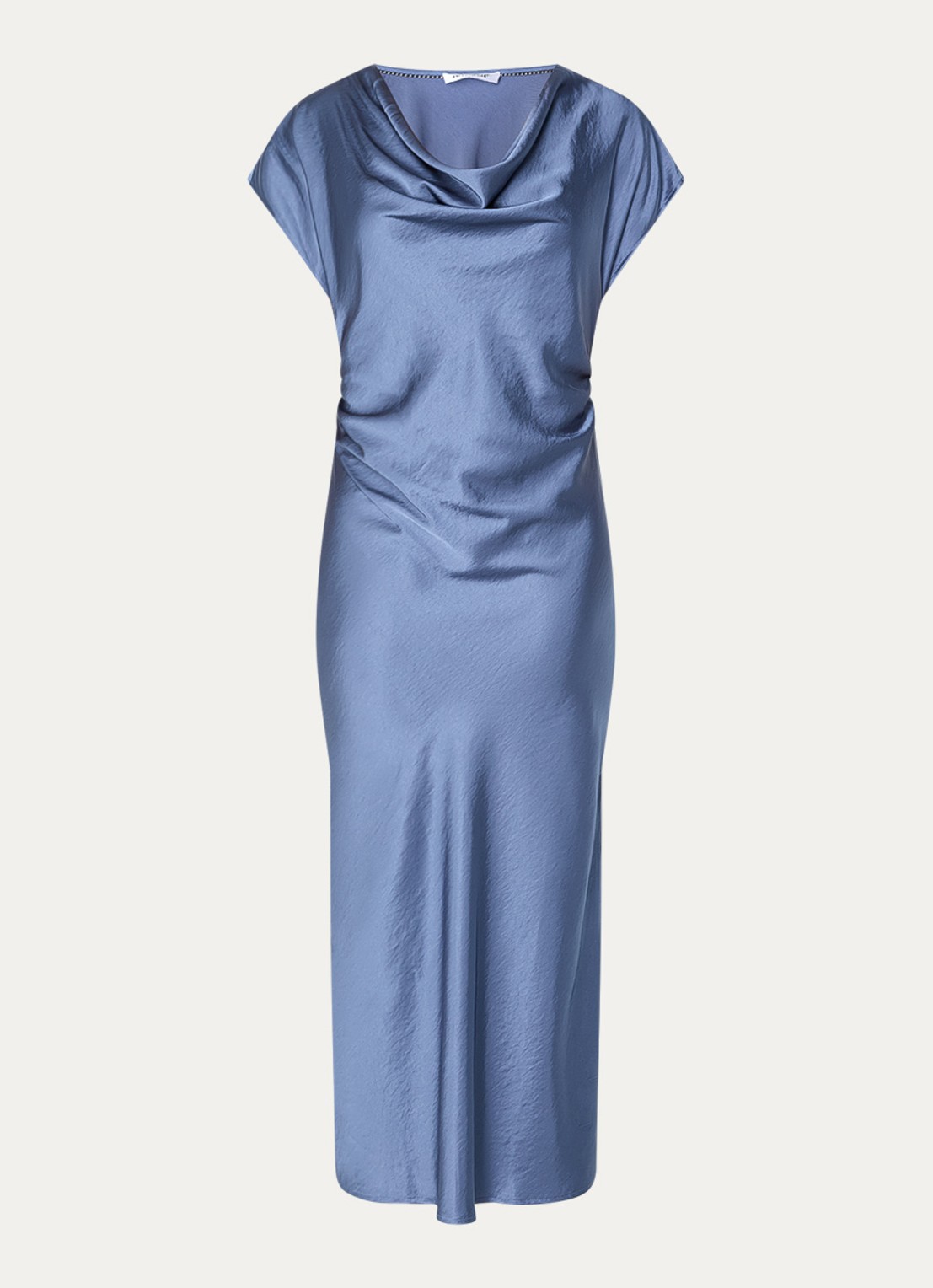 Co'Couture Idun maxi jurk van satijn met waterval hals - voorkant 2 staalblauw