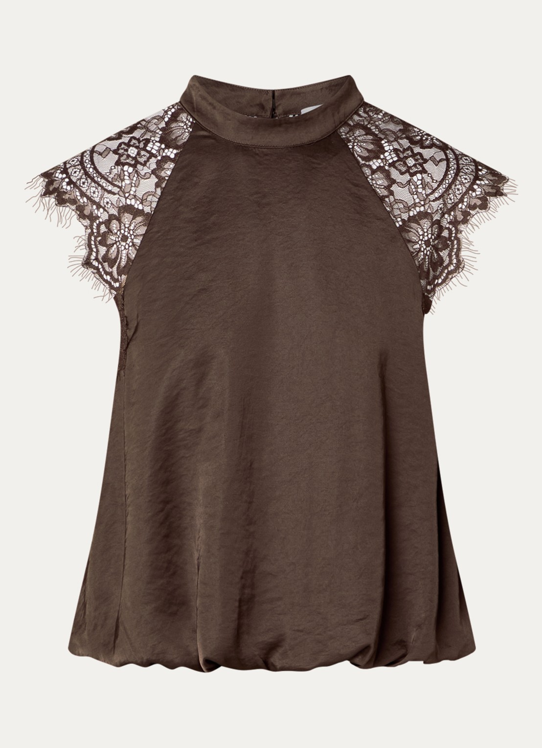 Co'Couture IdunCC top van satijn met details van kant - voorkant 2 donkerbruin