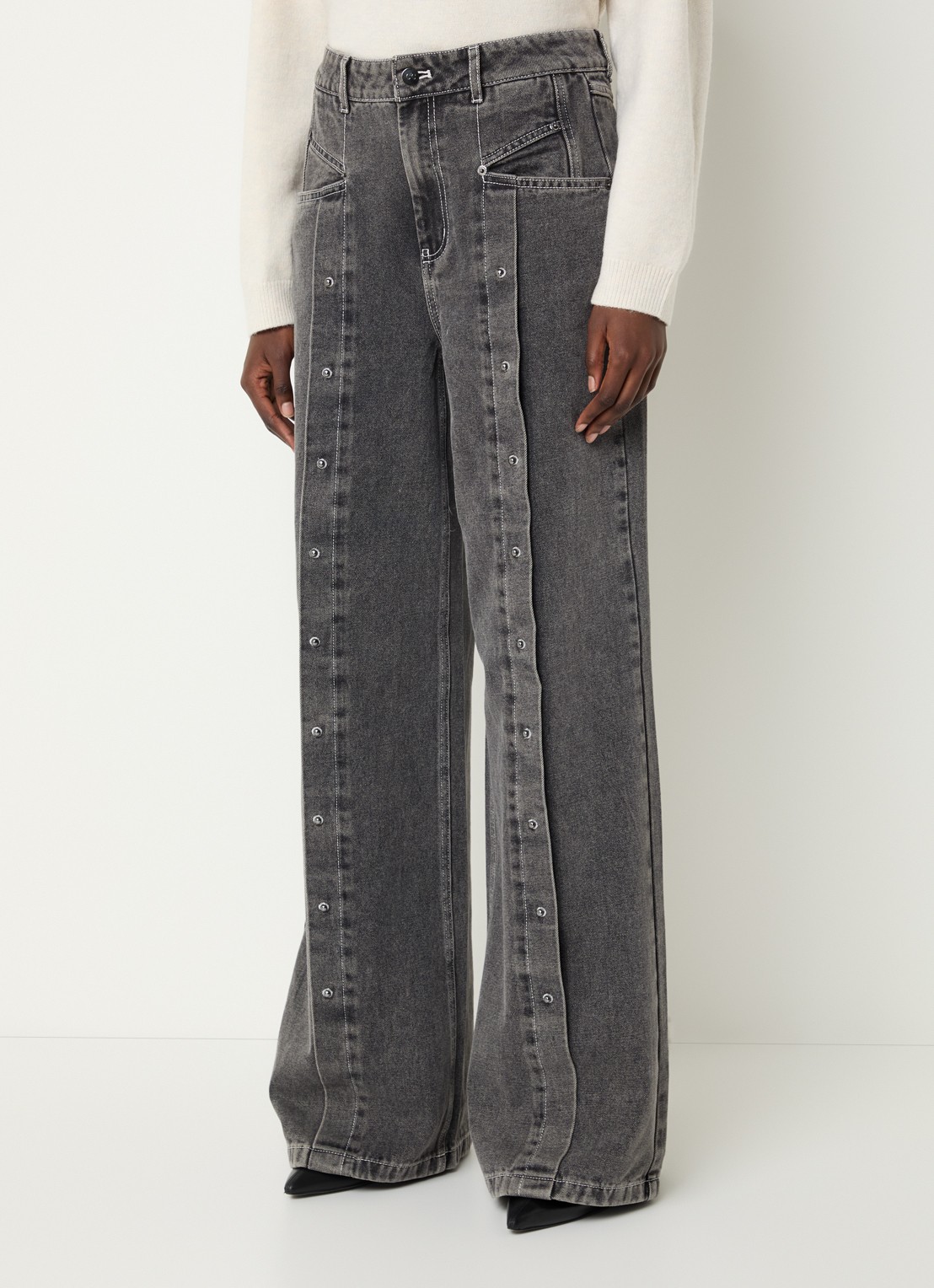 Co'Couture Kellan high waist loose fit jeans met studs - detail 4 middengrijs