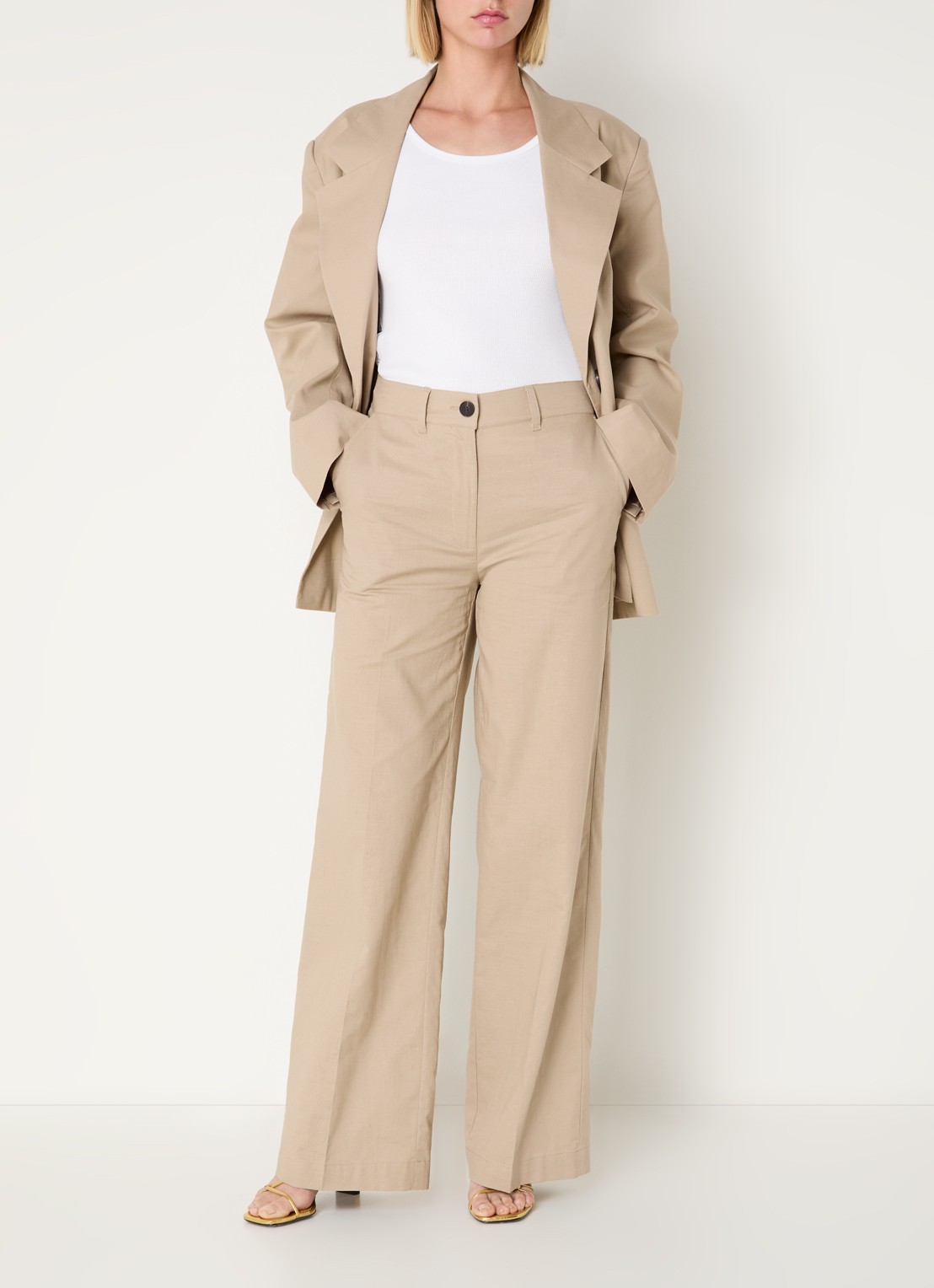 Co'Couture LeilaCC LL high waist wide fit pantalon in linnenblend - voorkant 2 beige